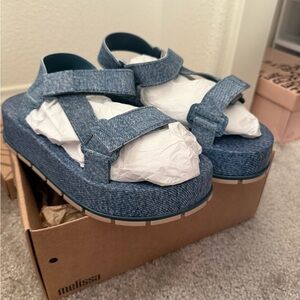 Melissa Blue Sandals with Denim Texture and Platform Sole | Flowing Denim